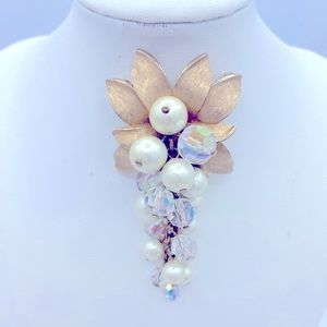 Vintage AB Crystal Beads And Faux Pearl With Brushed Gold Tone Leaves Brooch